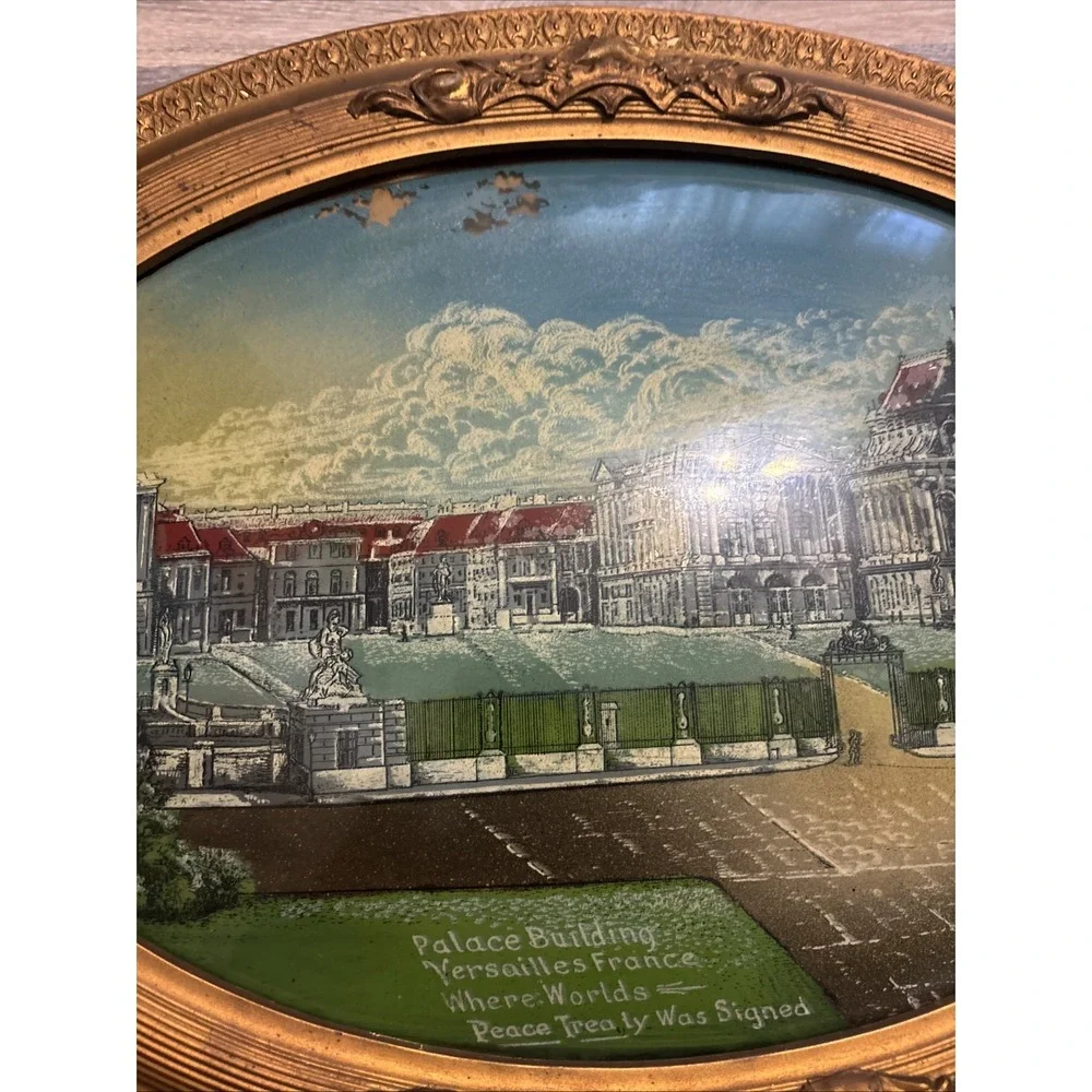 Antique Reverse Painted Bubble Glass Versailles France Gilded Oval Frame 24